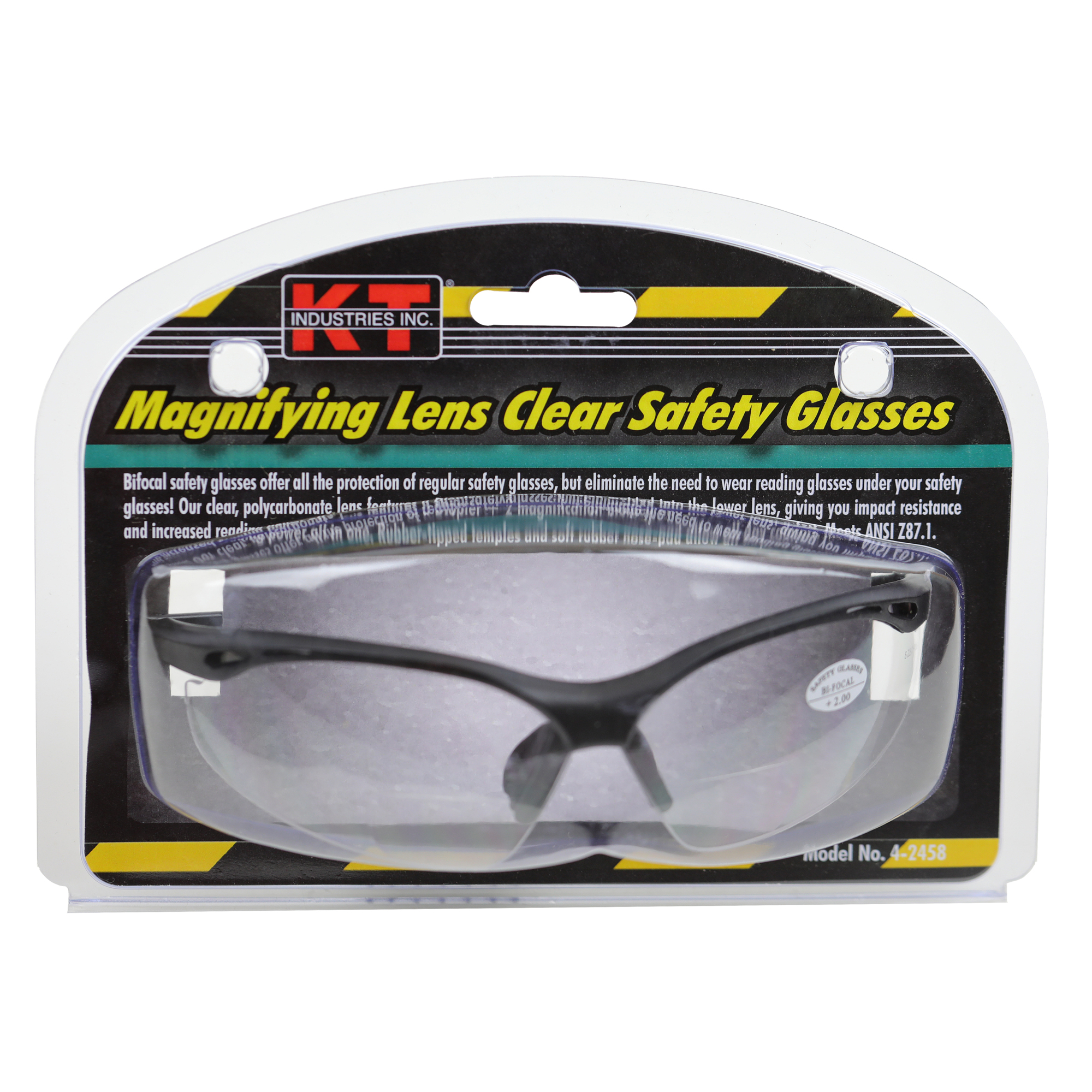 K-T Industries Bifocal Safety Glasses — 2.0 Diopter, Polycarbonate Lens, Rubber-Tipped Temples, Model# 4-2458